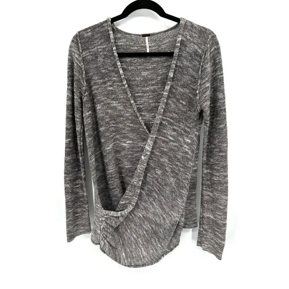 FREE PEOPLE Heather Gray Linen Blend Faux Wrap V-Neck Long Sleeve Top Medium
